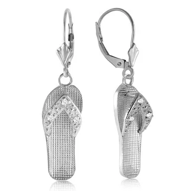 0.04 Carat 14k Solid White Gold Natural Diamond Accented Flip Flops Dangle Earrings