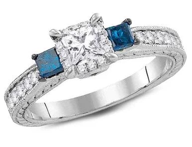 1.00 Carat (ctw I1-I2, G-H) Three Stone Blue and White Diamond Engagement Ring in 14K White Gold – 08GDG106413W-8
