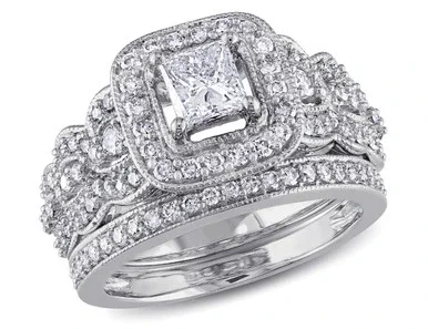 1.25 Carat (ctw Color H-I Clarity I2-I3) Princess Cut Diamond Engagement Ring & Wedding Band Bridal Set in 14K White Gold – 08DLG1001889W-5
