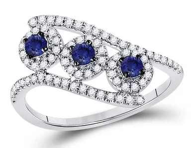 1/3 Carat (ctw) Three Stone Lab Created Blue Sapphire Ring in 14K White Gold with Diamonds – 08GDG150817CSAW-7