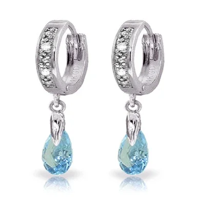 1.37 Carat 14k Solid White Gold Hoop Earrings Diamond Blue Topaz