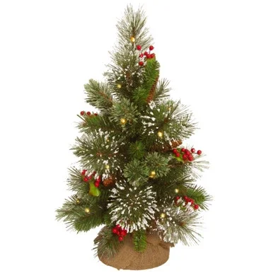 1.5′ Pre-lit Potted Wintry Pine Battery Operated Artificial Christmas Tree, Warm White LED Lights