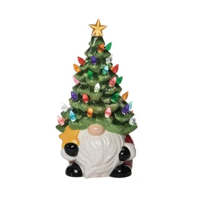 10.5″ Green and White Lighted Gnome with Tree Hat Christmas Decoration