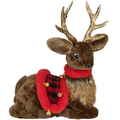 10.5″ Sitting Reindeer with Buffalo Plaid Saddle Christmas Figure