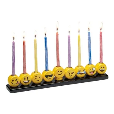 10.75″ Yellow and Black Emoji Hand Painted Hanukkah Menorah