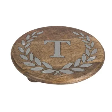 10″ Rustic Brown and Gray Laurel Leaf Designed Food Safe Round Trivet with Letter “T”