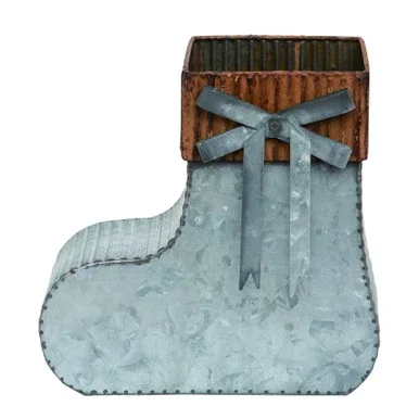 10″ Silver and Brown Christmas Rustic Galvanized Stocking Container