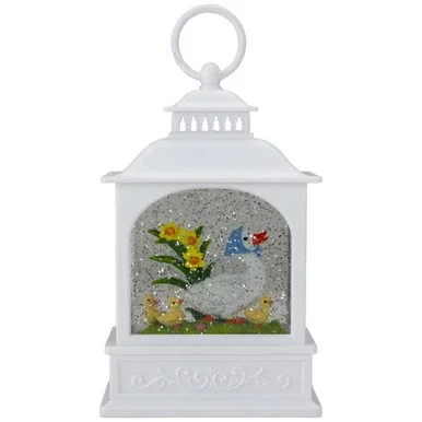 10″ White Duck Family Easter Lighted Glittering Snow Dome Lantern