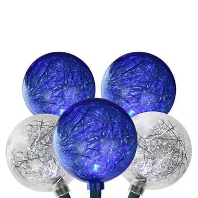 10-Count White and Blue Ornament with Tinsel LED Christmas Light Set – 7.5 ft Green Wire