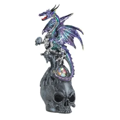 11.5″ Gray and Blue Mystical Dragon Atop a Black Skull Halloween Decor