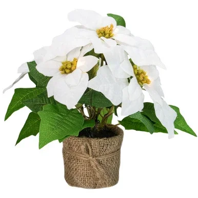 11.75″ LED Artificial White Poinsettia Potted Plant – Clear Lights