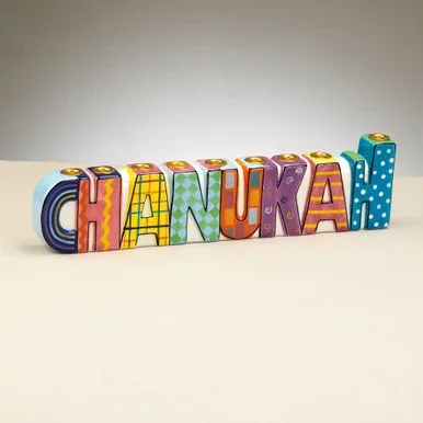11″ Yellow and Blue Hand Painted “Hanukkah” Menorah