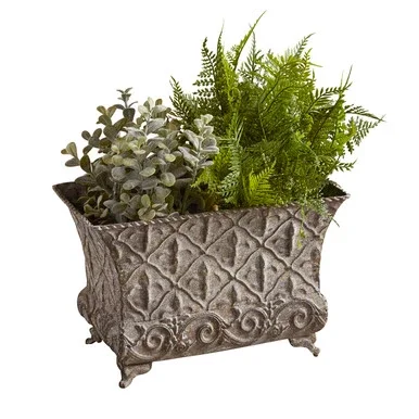 12″ Antique Gray Unique Vintage Rectangular Small Metal Flower Pot