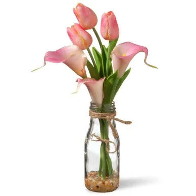 12″ Artificial Pink Tulip Flower Arrangement in Glass Vase