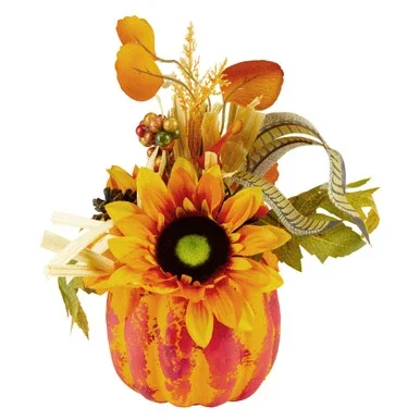 12″ Autumn Harvest Orange and Yellow Floral Pumpkin Decoration