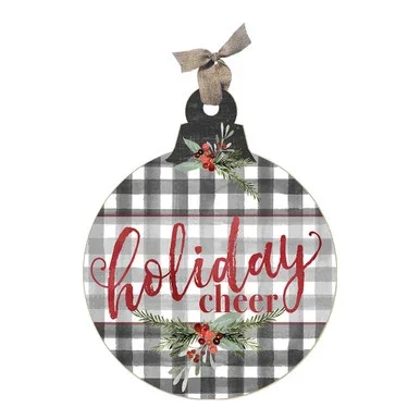 12″ Black and Red Buffalo Check “Holiday Cheer” Christmas Small Ornament Sign