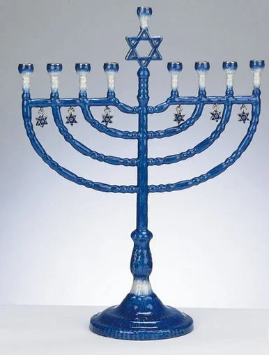 12″ Blue and White Enameled Hanukkah Menorah with Star of David Charms