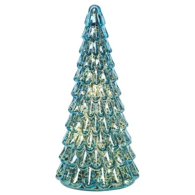 12″ Blue Lighted Coastal Christmas Tree Glass Tabletop Figurine