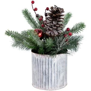 12″ Frosted Pine, Berries and Pine Cones Floral Arrangement in Tin Pot