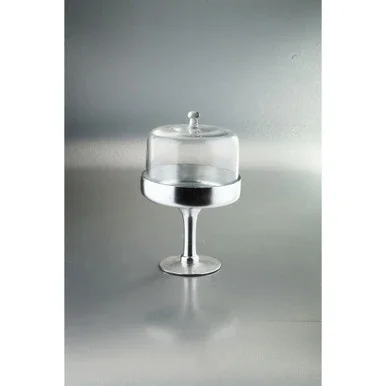 12″ Silver and Clear Dome Hand Blown Glass Cake Stand with Lid
