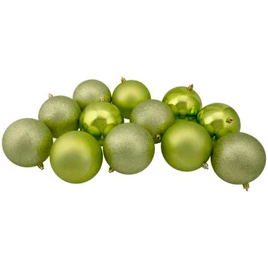 12ct Kiwi Green Shatterproof 4-Finish Christmas Ball Ornaments 4″ (100mm)