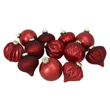 12ct Red Mercury Glass Style Glass Christmas Ornament Set 3″