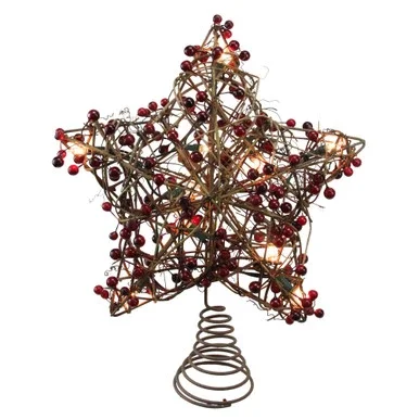 13.5″ Brown Rattan with Red Berries Star Christmas Tree Topper – Clear Lights