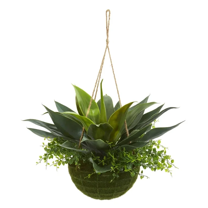 13″ Agave and Maiden Hair Artificial Plant in Hanging Basket (Indoor + Outdoor)”