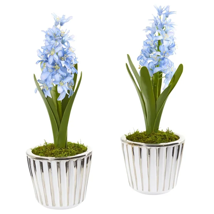 13” Hyacinth Artificial Arrangement in White Vase with Silver Trimming (Set of 2)