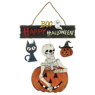 14.5″ Skeleton with Jack-O-Lanterns and Black Cat “Happy Halloween” Hanging Decoraton