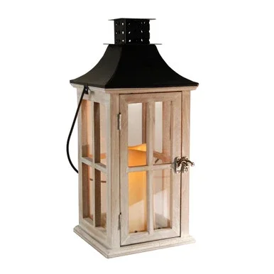 14” White Washed Wooden Battery-Operated LED Candle Lantern