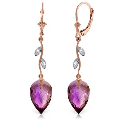 14k Rose Gold Drop Style Earrings with Amethysts and Diamond Accents