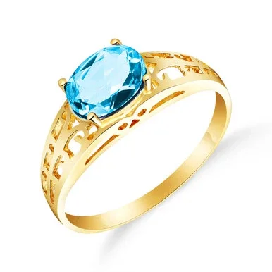 14k Solid Gold Filigree Ring with Natural Blue Topaz – Size 6