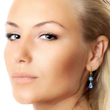 14k Solid Gold Fish Hook Blue Topaz Flower Earrings