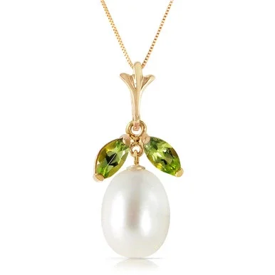 14k Solid Gold Necklace with Natural Peridots and Pearl