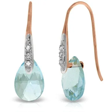 14k Solid Rose Gold Fish Hook Earrings with Diamonds & Dangling Briolette Blue Topaz