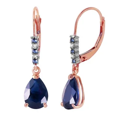 14k Solid Rose Gold Leverback Earrings with Natural Diamonds and Sapphires