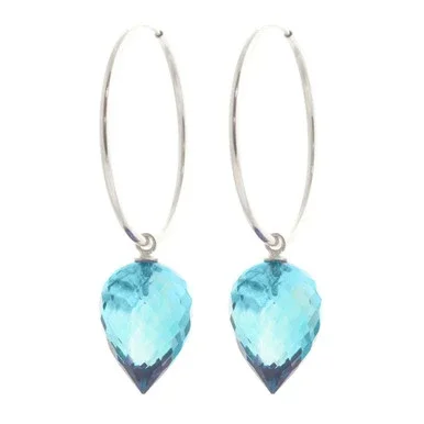 14k Solid White Gold Hoop Earrings with Pointy Briolette Drop Blue Topaz
