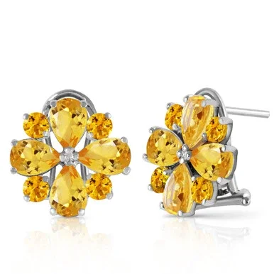 14k White Gold Citrine French Clip Flower Earrings