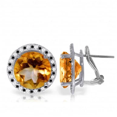 14k White Gold French Clip Earrings with Natural Black/White Diamonds and Citrines