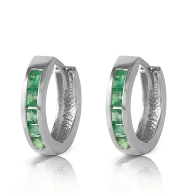 14k White Gold Hoop Huggie Earrings with Natural Emeralds