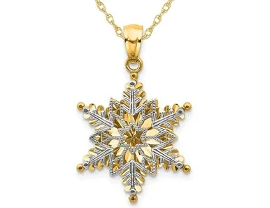 14K Yellow and White Gold Snowflake Charm Pendant Necklace with Chain