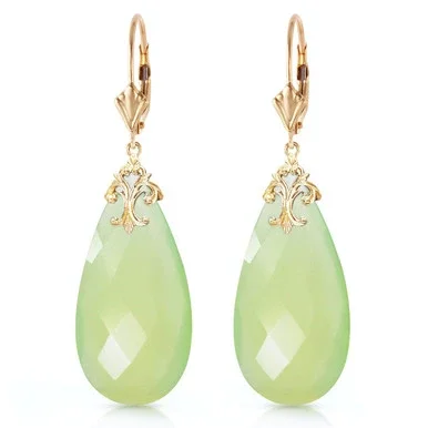 14k Yellow Gold Lever Back Earrings with Briolette 31×16 mm Prehnite Color Chalcedony