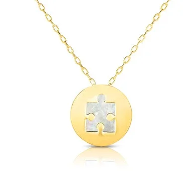 14K Yellow Gold Mother Of Pearl Puzzle Pendant Necklace, 16″