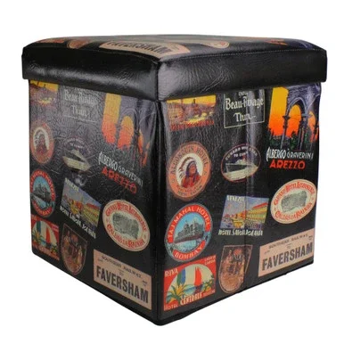 15″ Decorative Brown Travel Stickers Collapsible Wooden Storage Ottoman
