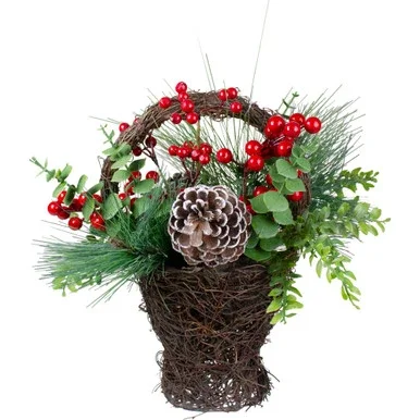 15″ Eucalyptus Pine and Berry Artificial Christmas Grapevine Basket