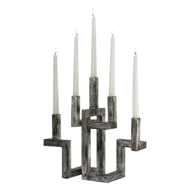 15″ Rudra Antiqued Silver Leaf Abstract Five Armed Taper Candelabra