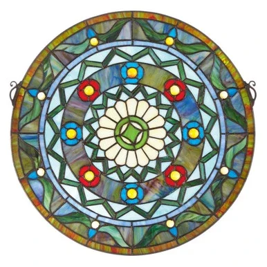 16.5″ Green and Blue Kaleidoscope Stained Glass Window