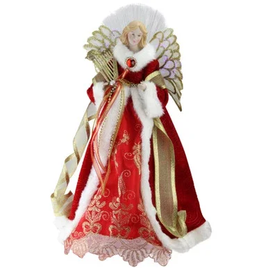 16″ Lighted Fiber Optic Angel in Garnet Red Coat with Harp Christmas Tree Topper