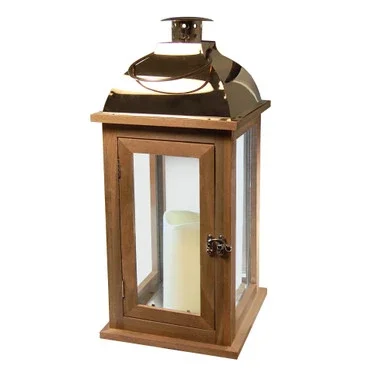 17.5” Brown Wooden Battery-Operated LED Candle Lantern